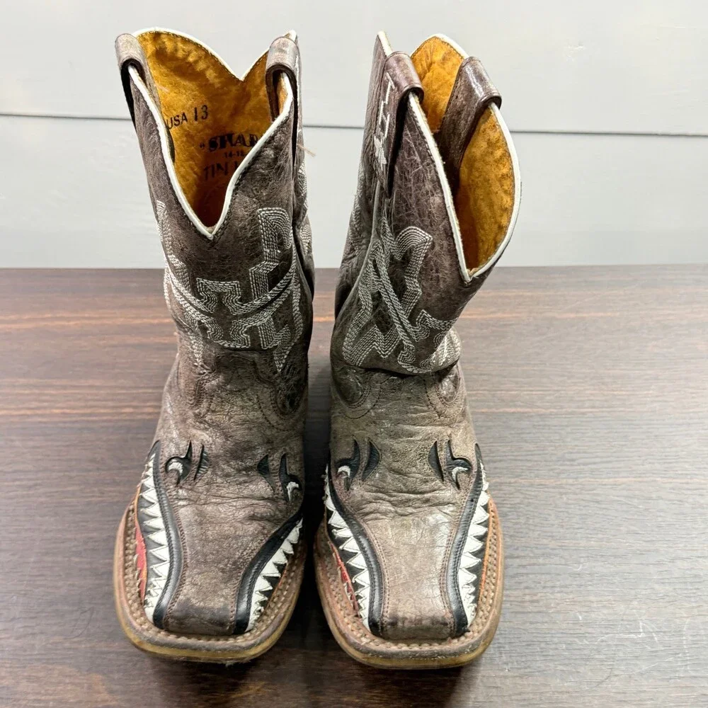 Tin Haul Sharky Cowboy Boots Boys Size 13 Brown Leather Shark Teeth Mouth